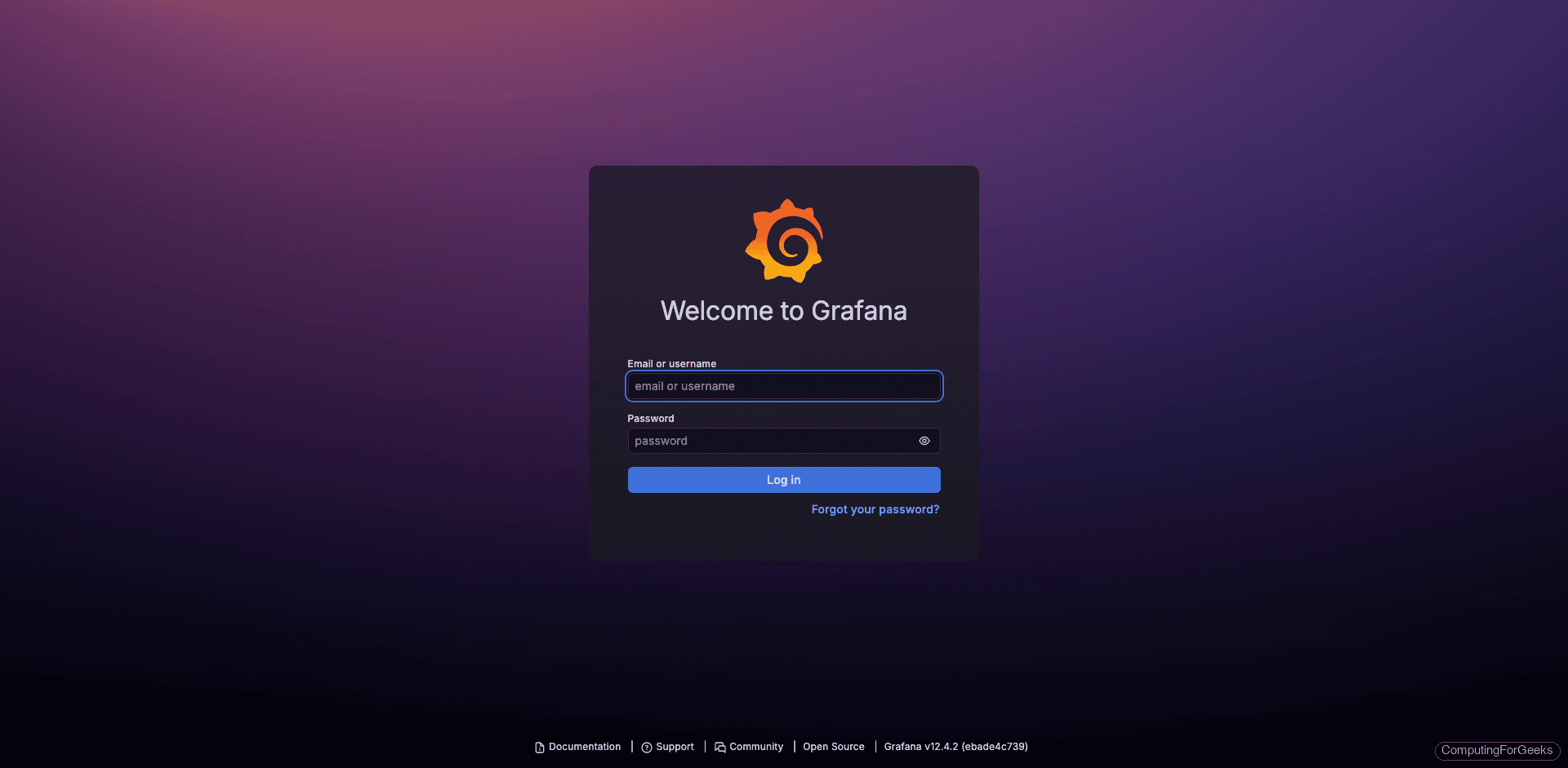 Grafana login page showing username and password fields on Kubernetes