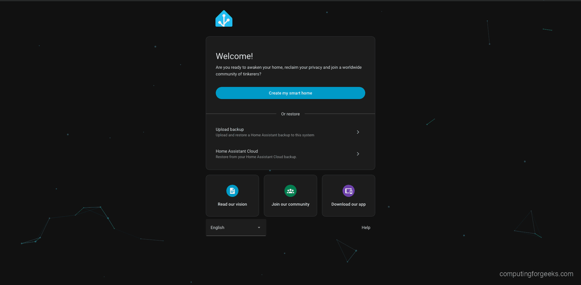 Home Assistant Docker onboarding welcome screen