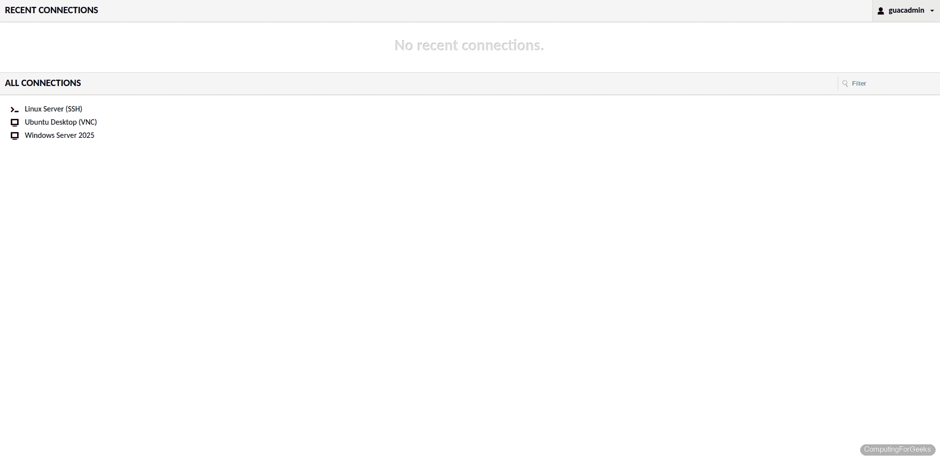 Apache Guacamole home page showing three connections: Linux Server SSH, Ubuntu Desktop VNC, and Windows Server 2025 RDP