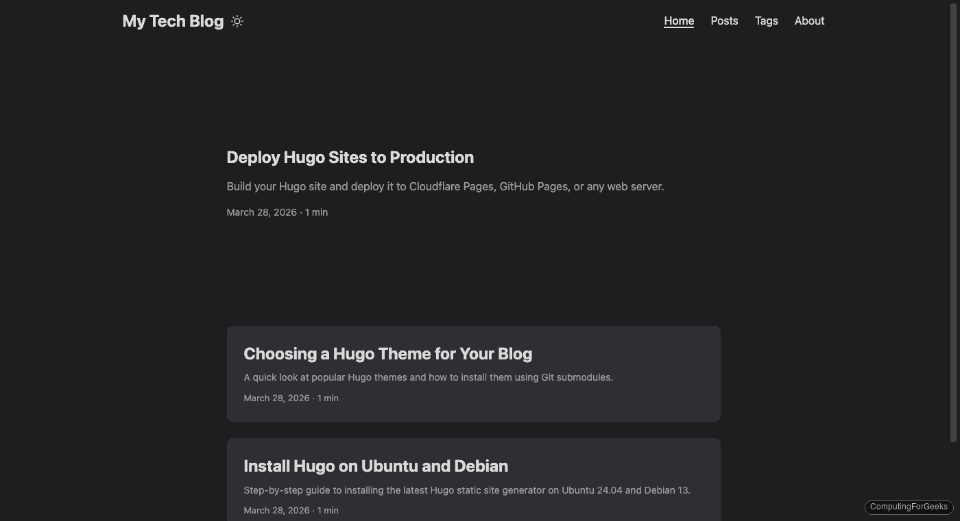 Hugo site homepage on Ubuntu 24.04 showing PaperMod theme with three blog posts