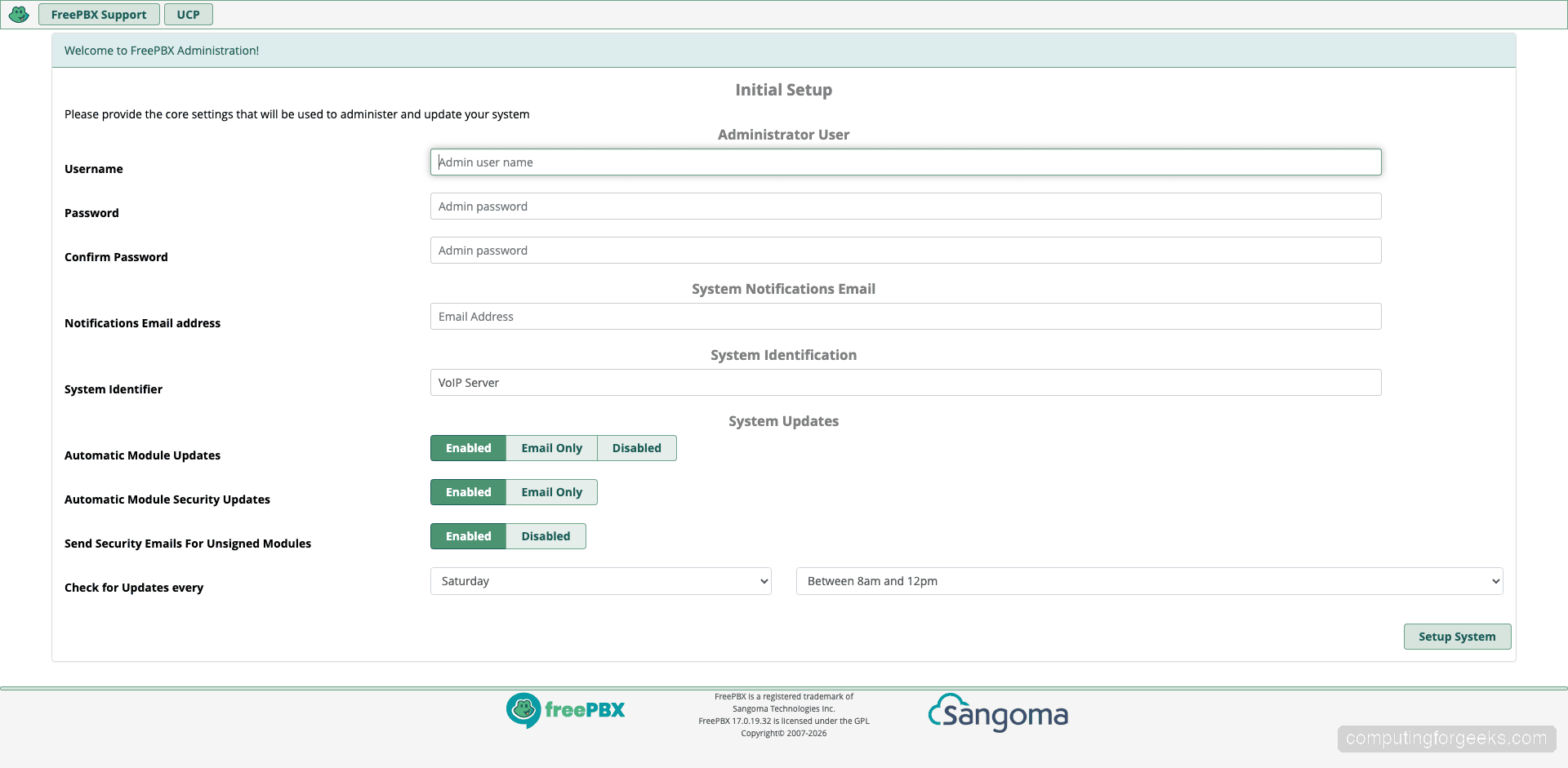 FreePBX 17 initial setup screen showing admin account creation form