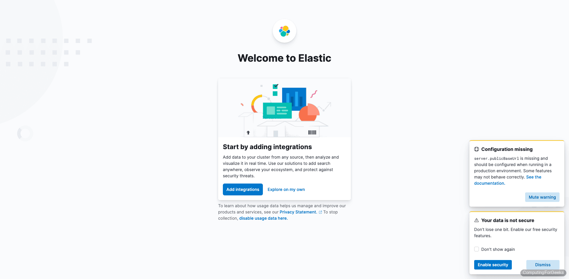 Install Elasticsearch 7, Logstash, and Kibana on Debian 13 / 12 1 Kibana 7.17 welcome page on Debian 13 showing integrations setup