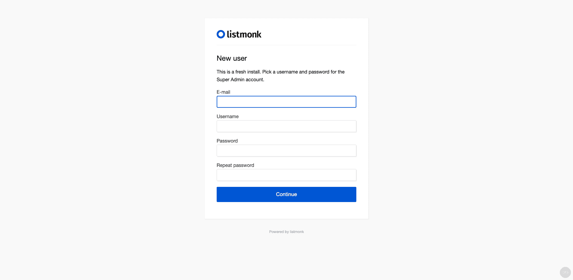 Listmonk v6 fresh install Super Admin account creation page