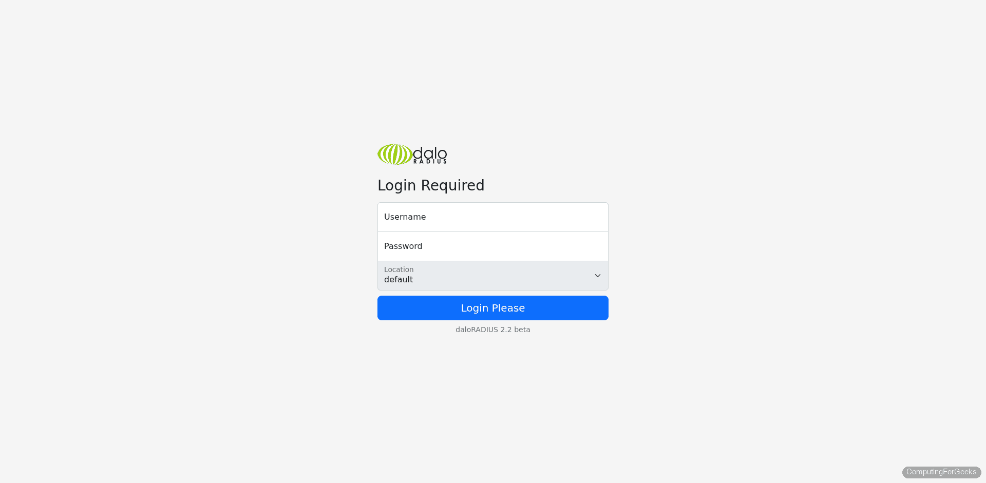 Install FreeRADIUS and daloRADIUS on Debian 13 / Debian 12 1 daloRADIUS 2.2 beta login page on Debian 13 showing the username and password fields