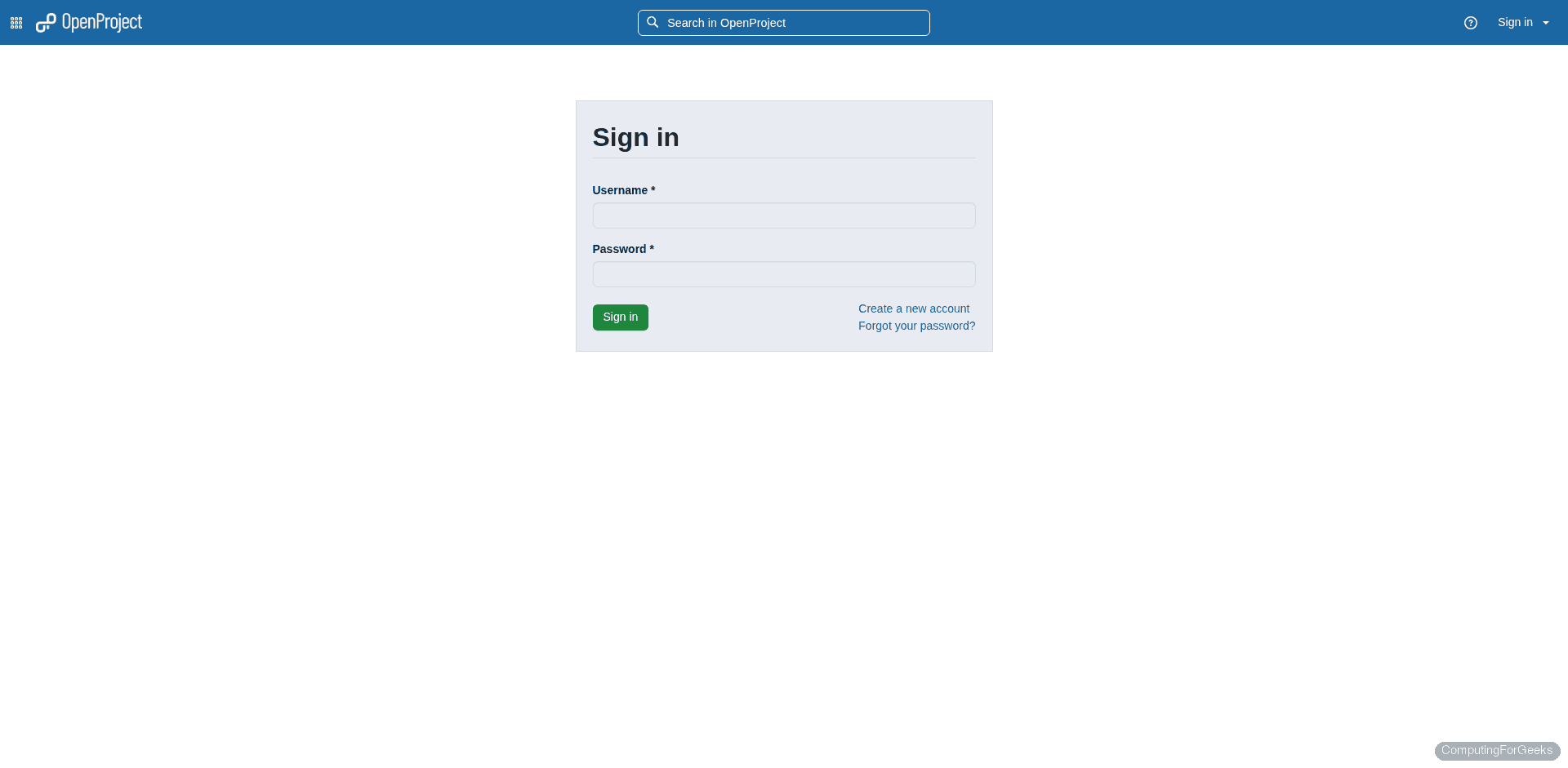 OpenProject login page with username and password fields on Debian 13