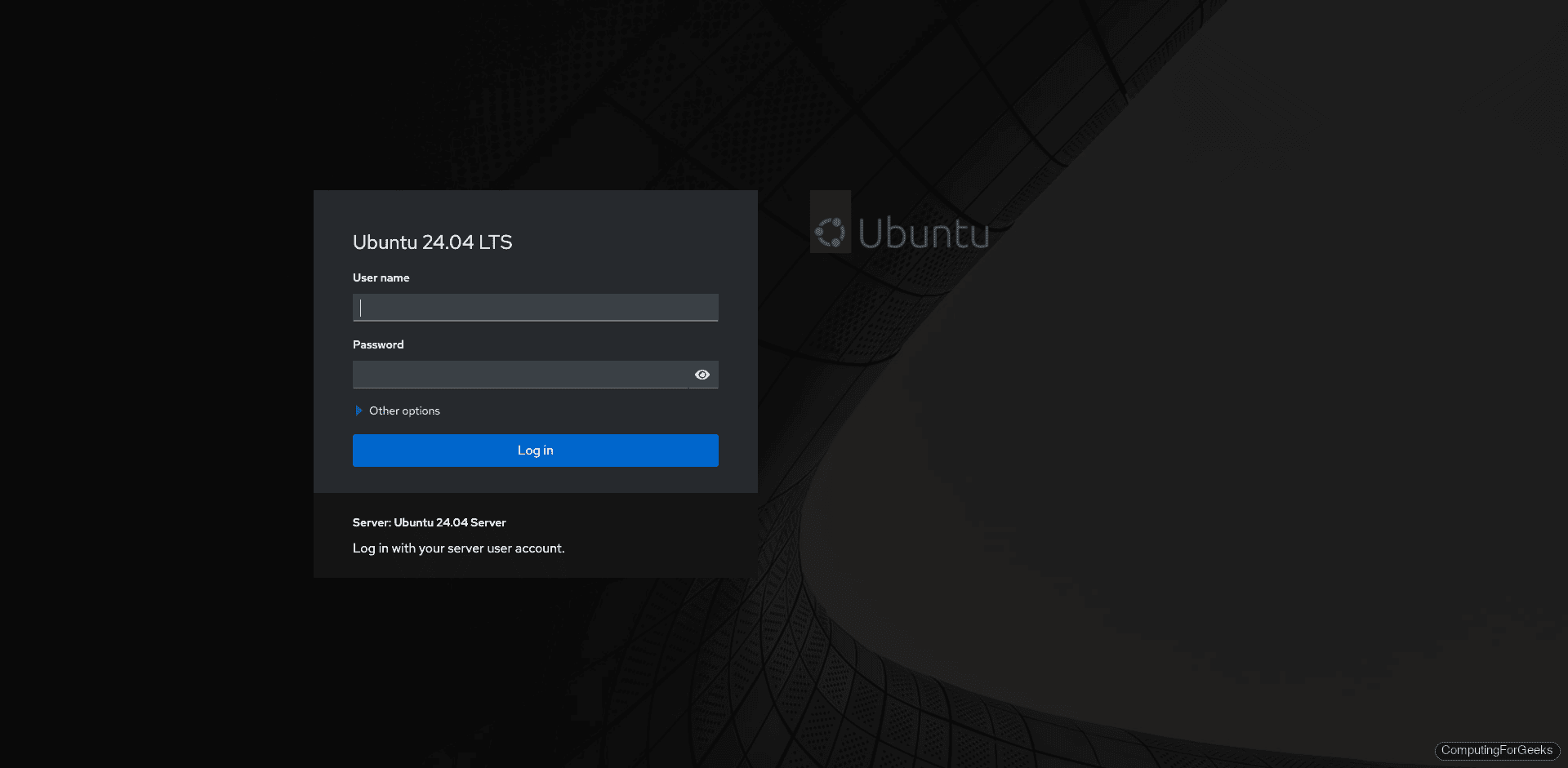 Cockpit login page on Ubuntu 24.04 LTS