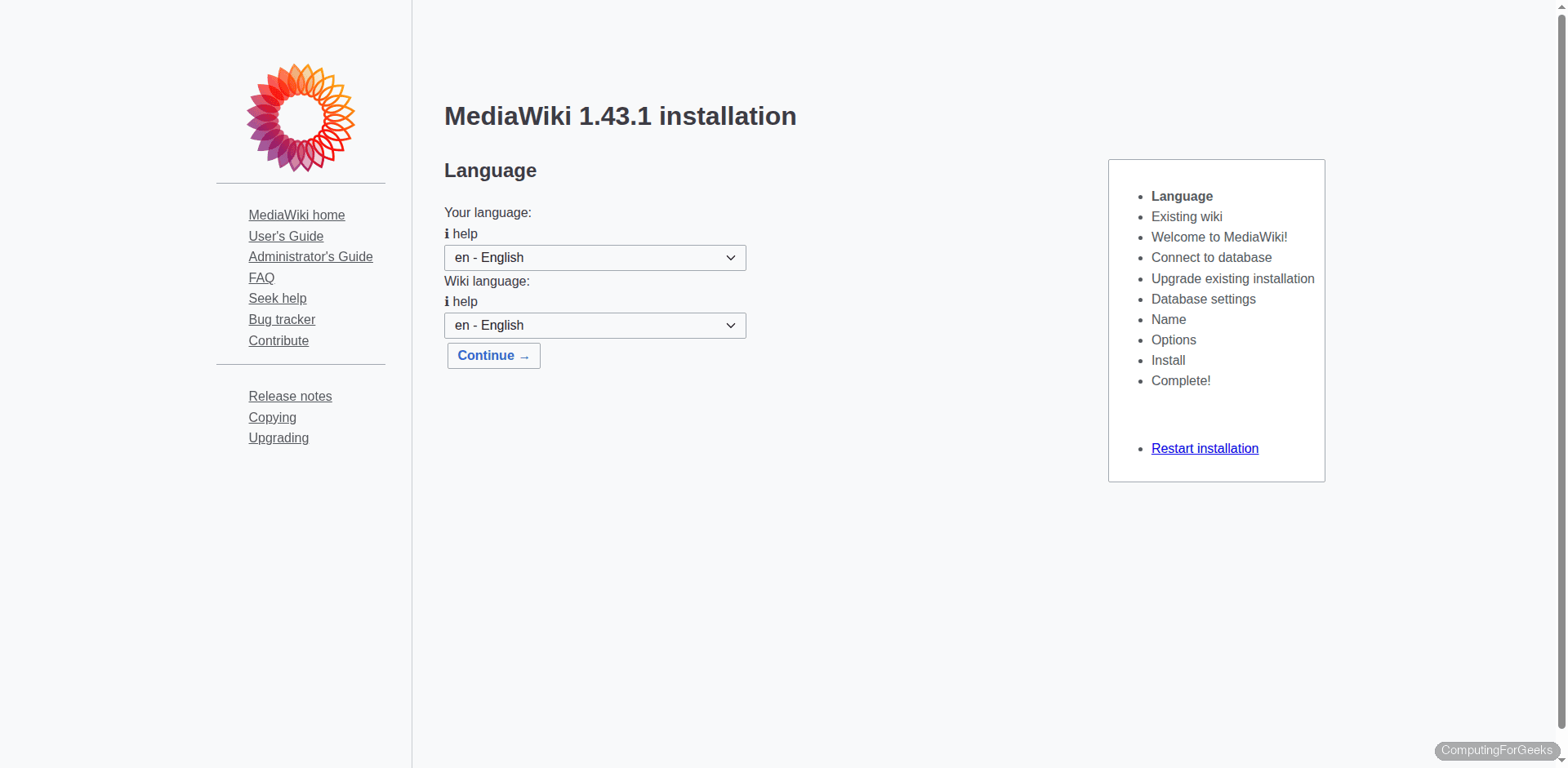 MediaWiki 1.43.1 installer language selection with English selected