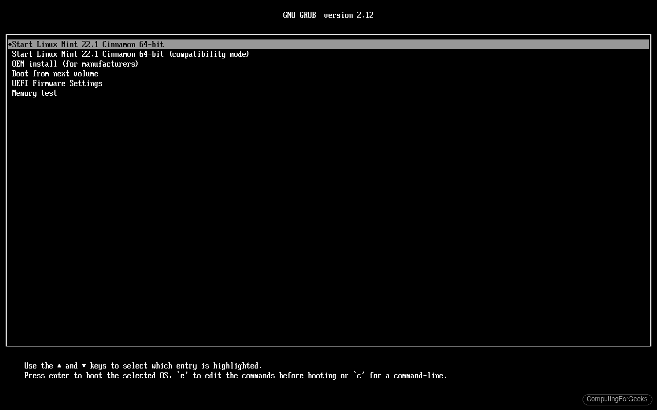 Linux Mint 22.3 GRUB boot menu showing boot options