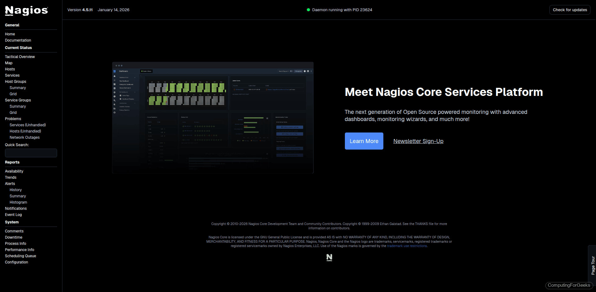 Nagios Core 4.5.11 main dashboard showing daemon running status and navigation menu on Rocky Linux 10
