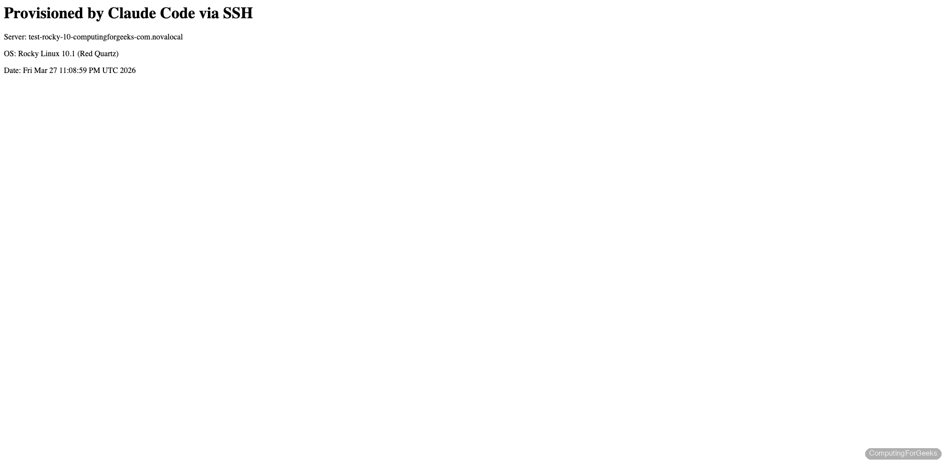 Manage Servers with Claude Code via SSH 1 Nginx web page showing Provisioned by Claude Code via SSH on Rocky Linux 10.1 served over HTTPS