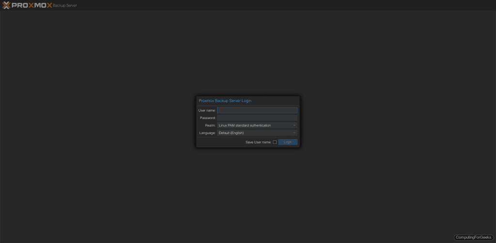Proxmox Backup Server login page on port 8007