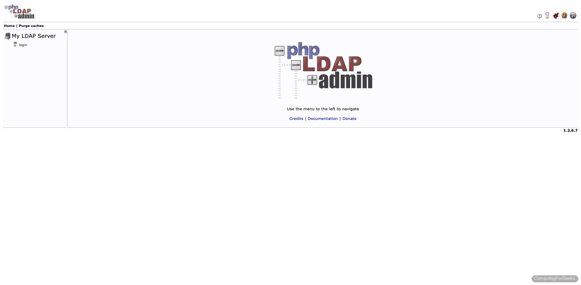 phpLDAPadmin 1.2.6.7 web interface on Ubuntu 24.04 showing login and LDAP tree