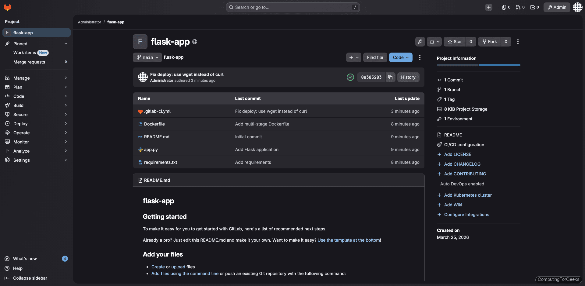 GitLab project overview showing flask-app repository with Dockerfile and pipeline