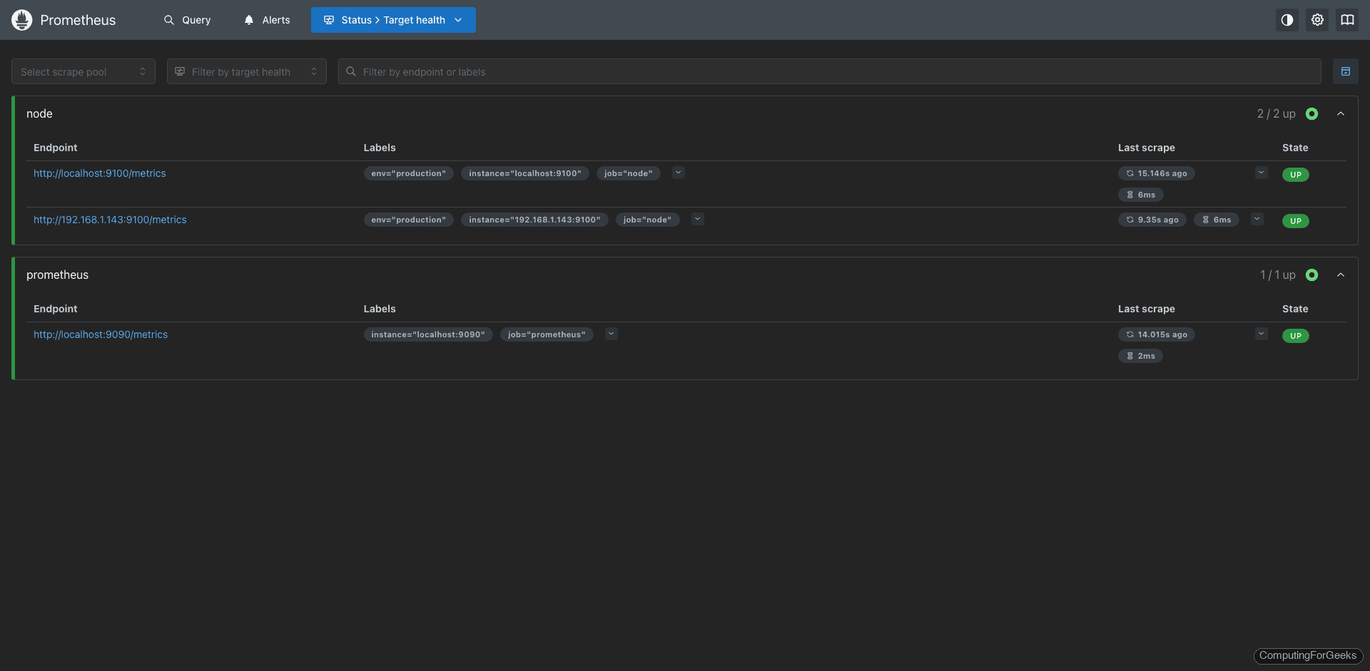 Prometheus targets page showing both Linux servers and self-scrape target as UP