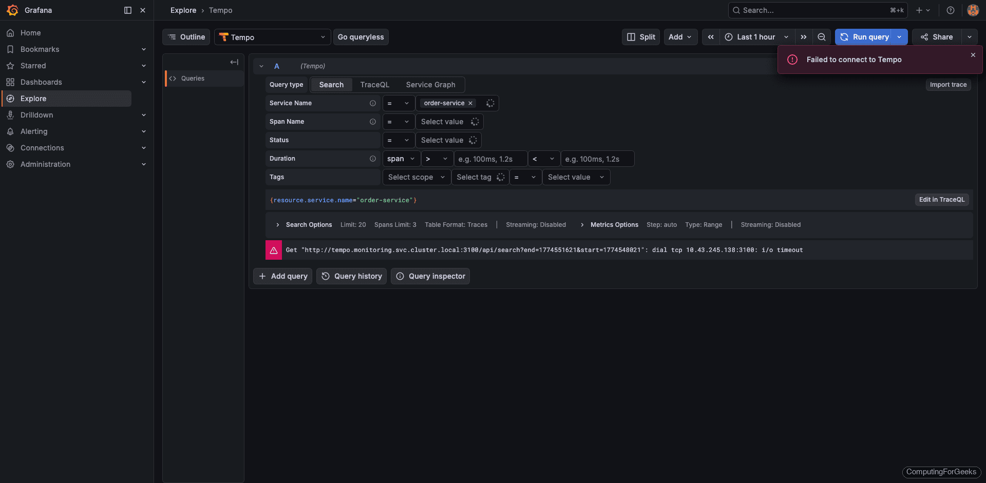 Grafana Explore view showing TraceQL search results for order-service traces