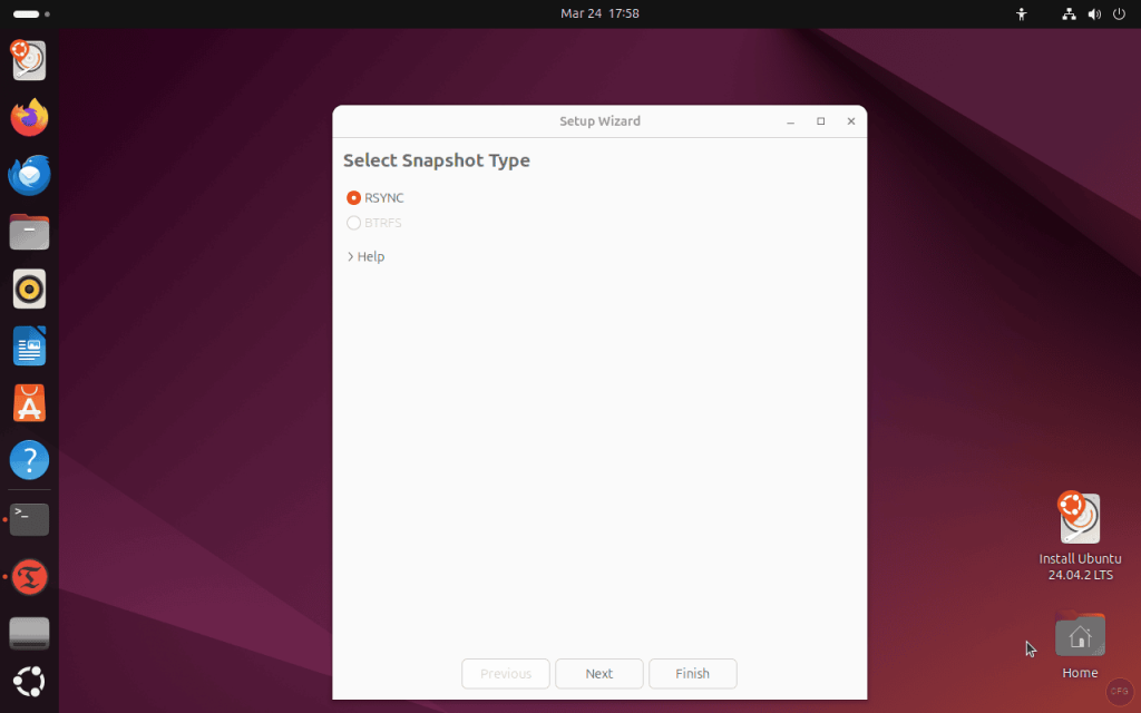 Timeshift setup wizard showing RSYNC and BTRFS snapshot type selection on Ubuntu 24.04