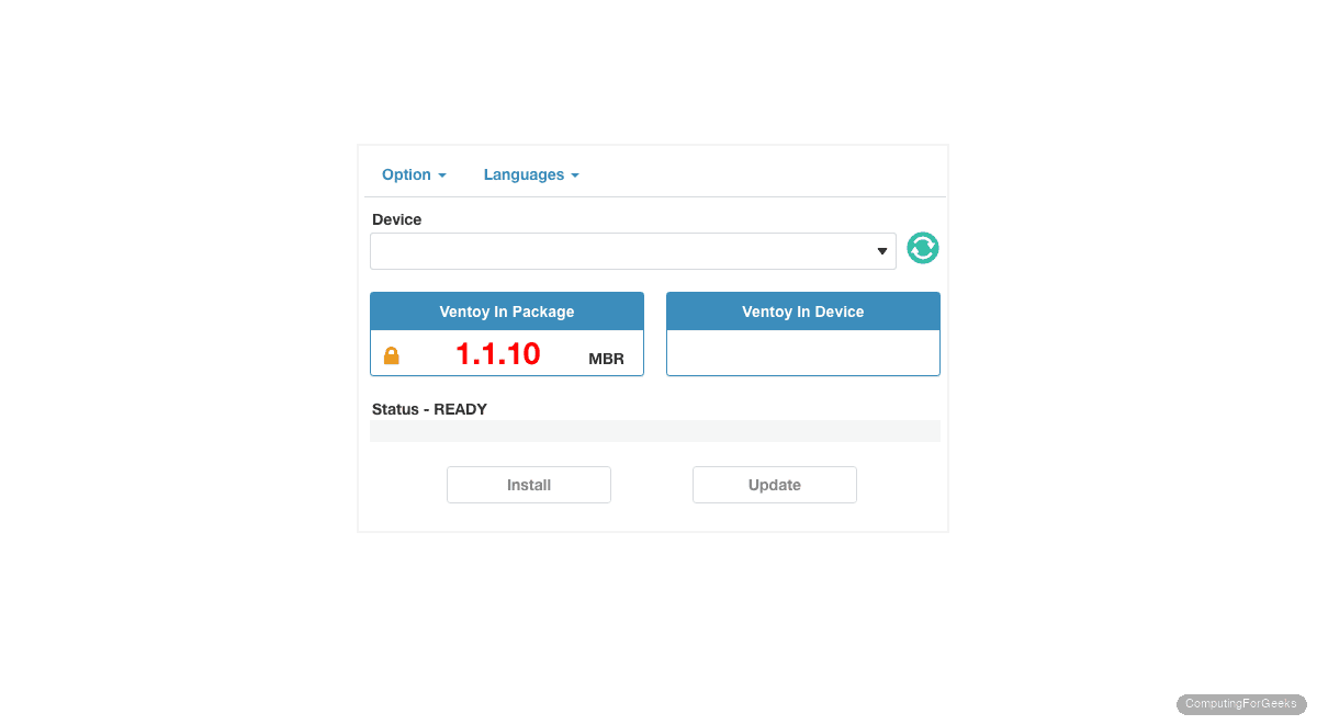 Ventoy 1.1.10 web interface showing version and device selector