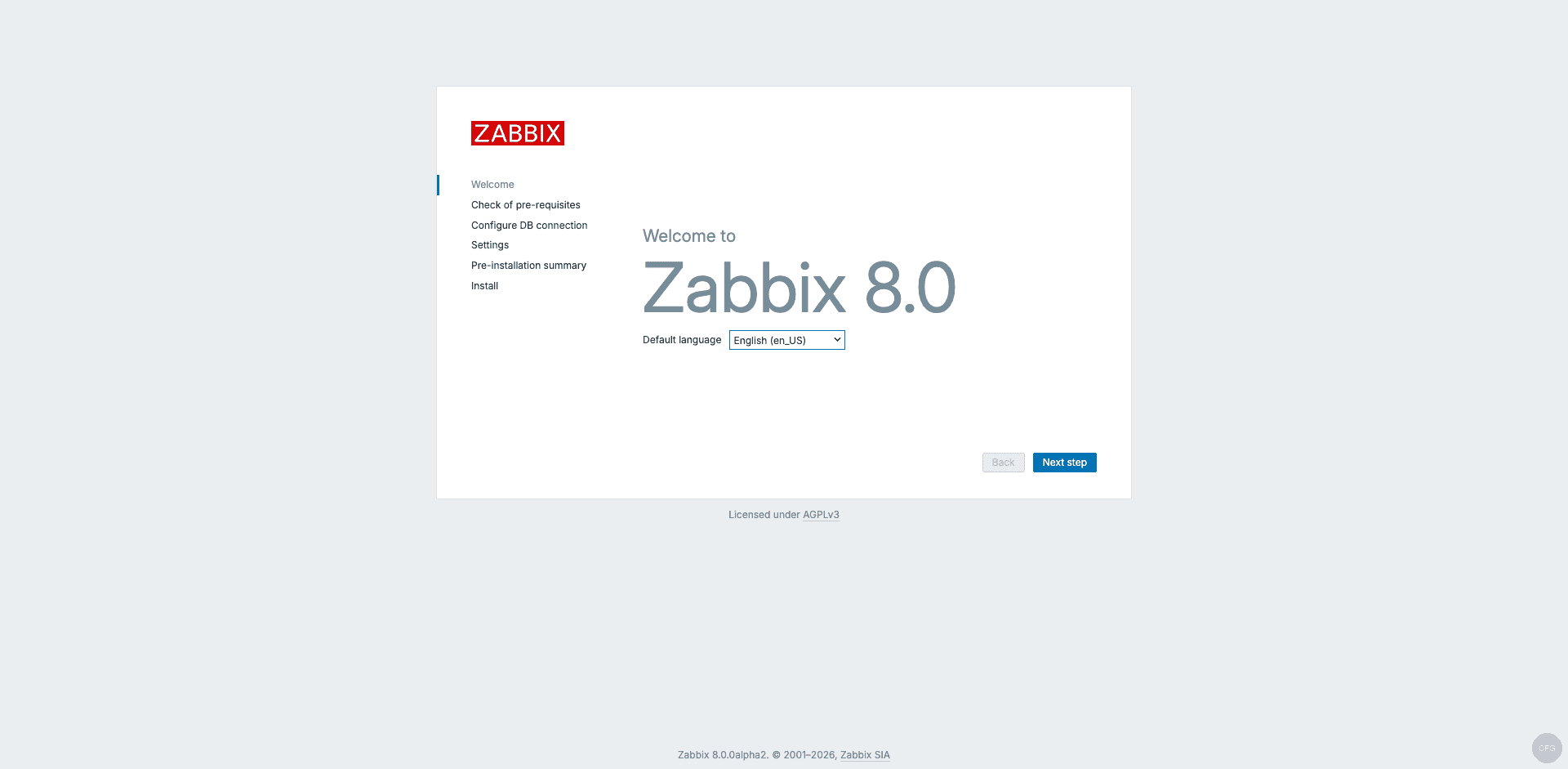 Zabbix 8.0 welcome page on Ubuntu 24.04