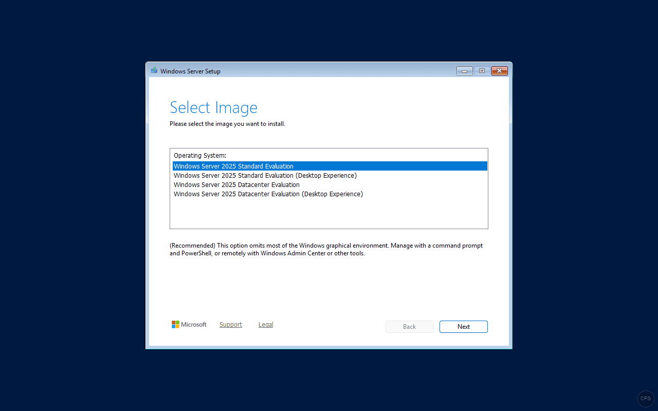 Windows Server 2025 Select Image screen showing Standard and Datacenter editions