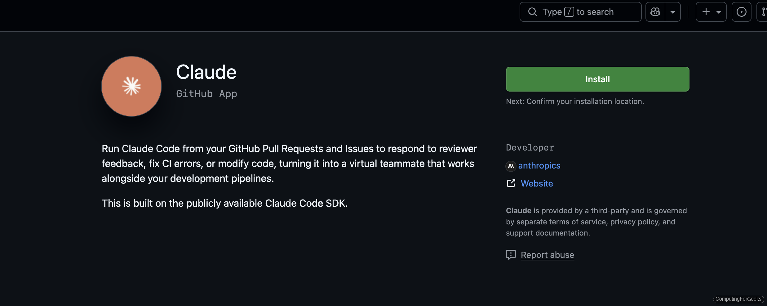 Claude GitHub App page showing Install button with description of PR review capabilities