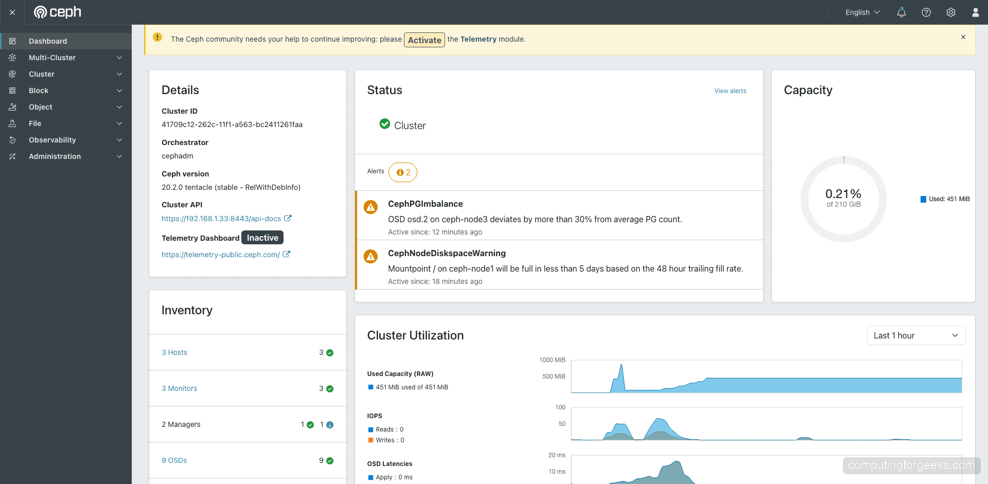 Ceph Dashboard main overview showing cluster health and capacity