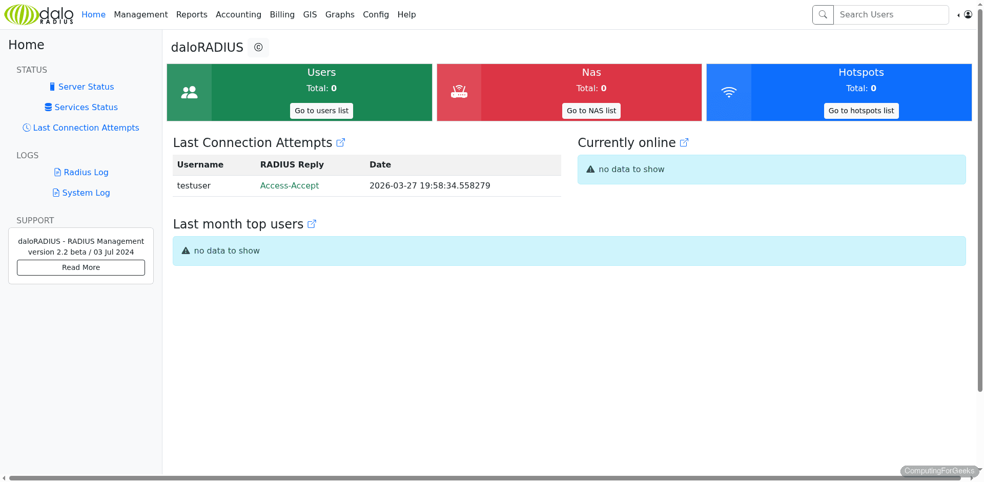 Install FreeRADIUS and daloRADIUS on Debian 13 / Debian 12 2 daloRADIUS dashboard showing navigation menu, status panels, and server summary on Debian 13