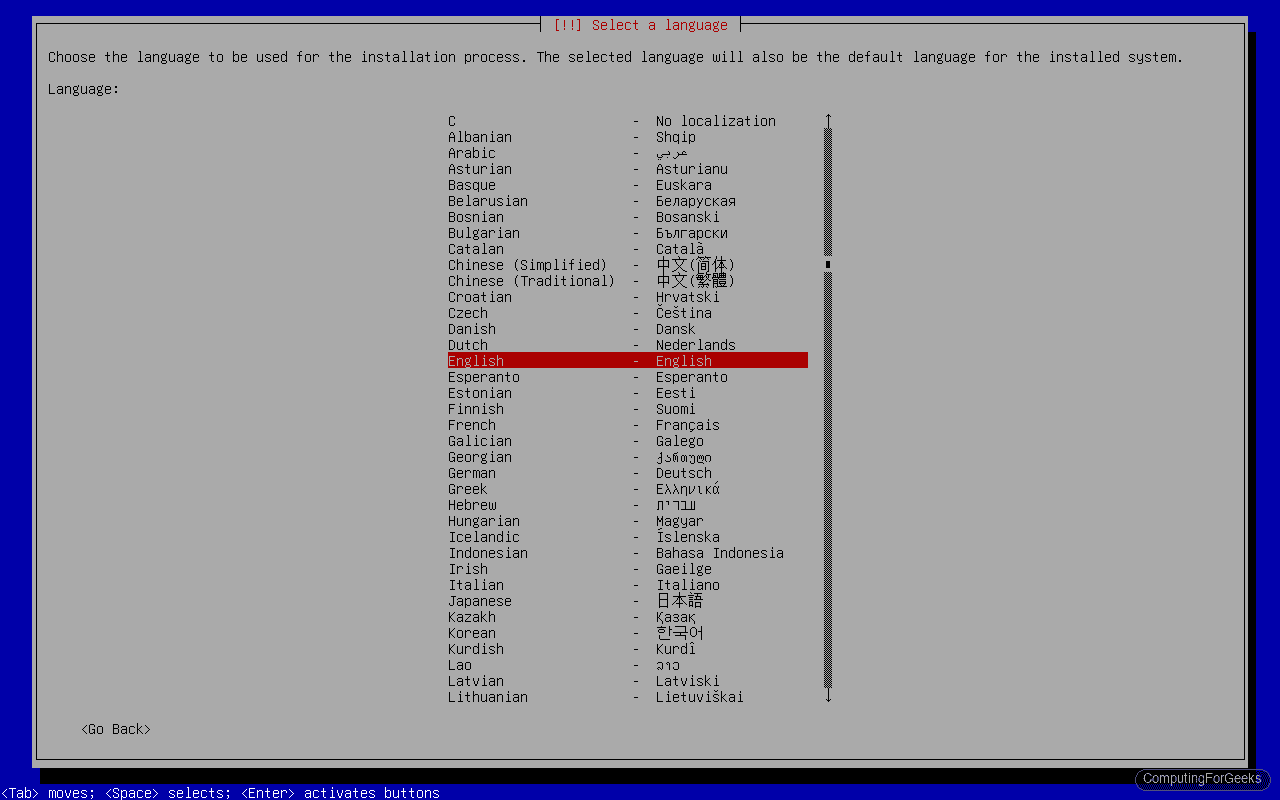 Install Debian 13 (Trixie) Step by Step 2 Debian 13 installer language selection screen