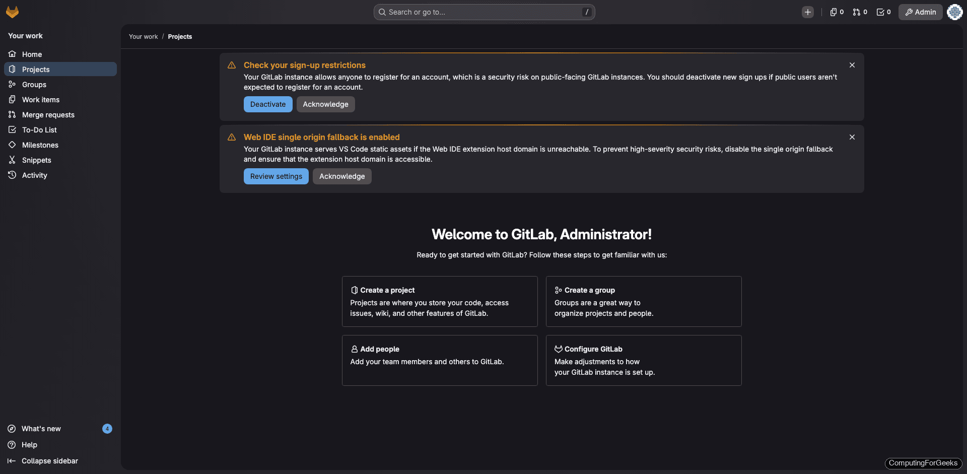 GitLab CE dashboard showing welcome wizard after first login