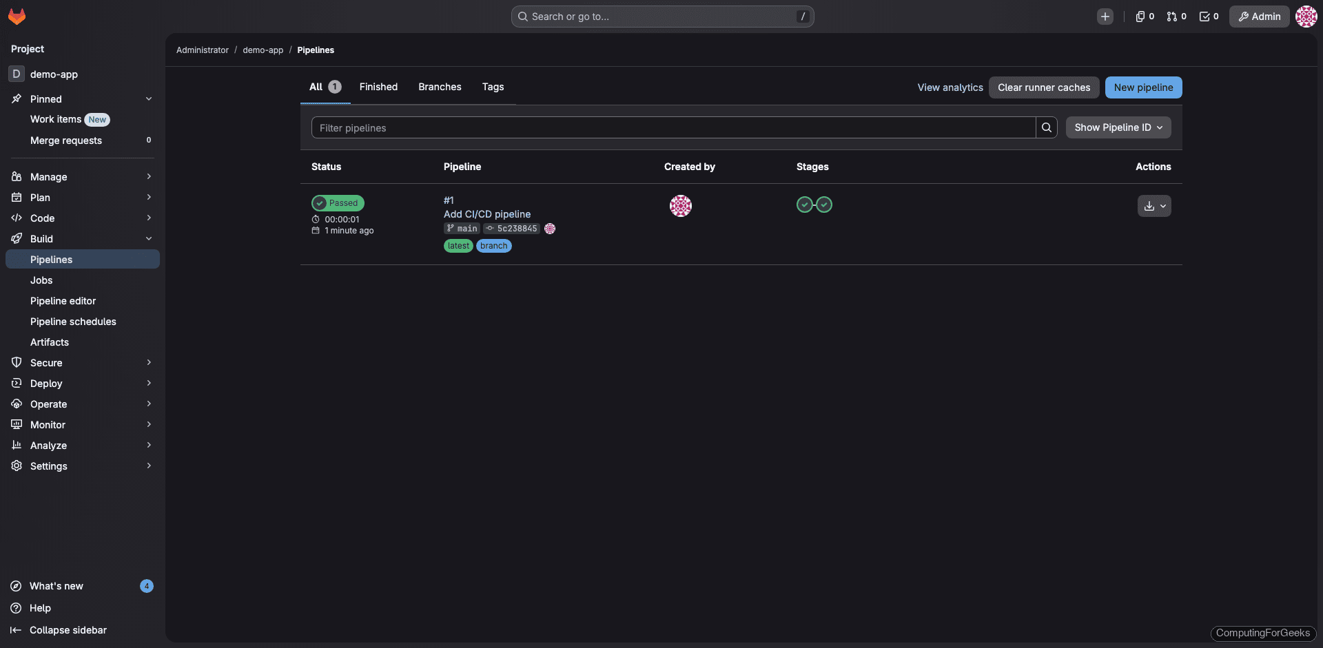 GitLab CI/CD pipelines page showing successful pipeline run