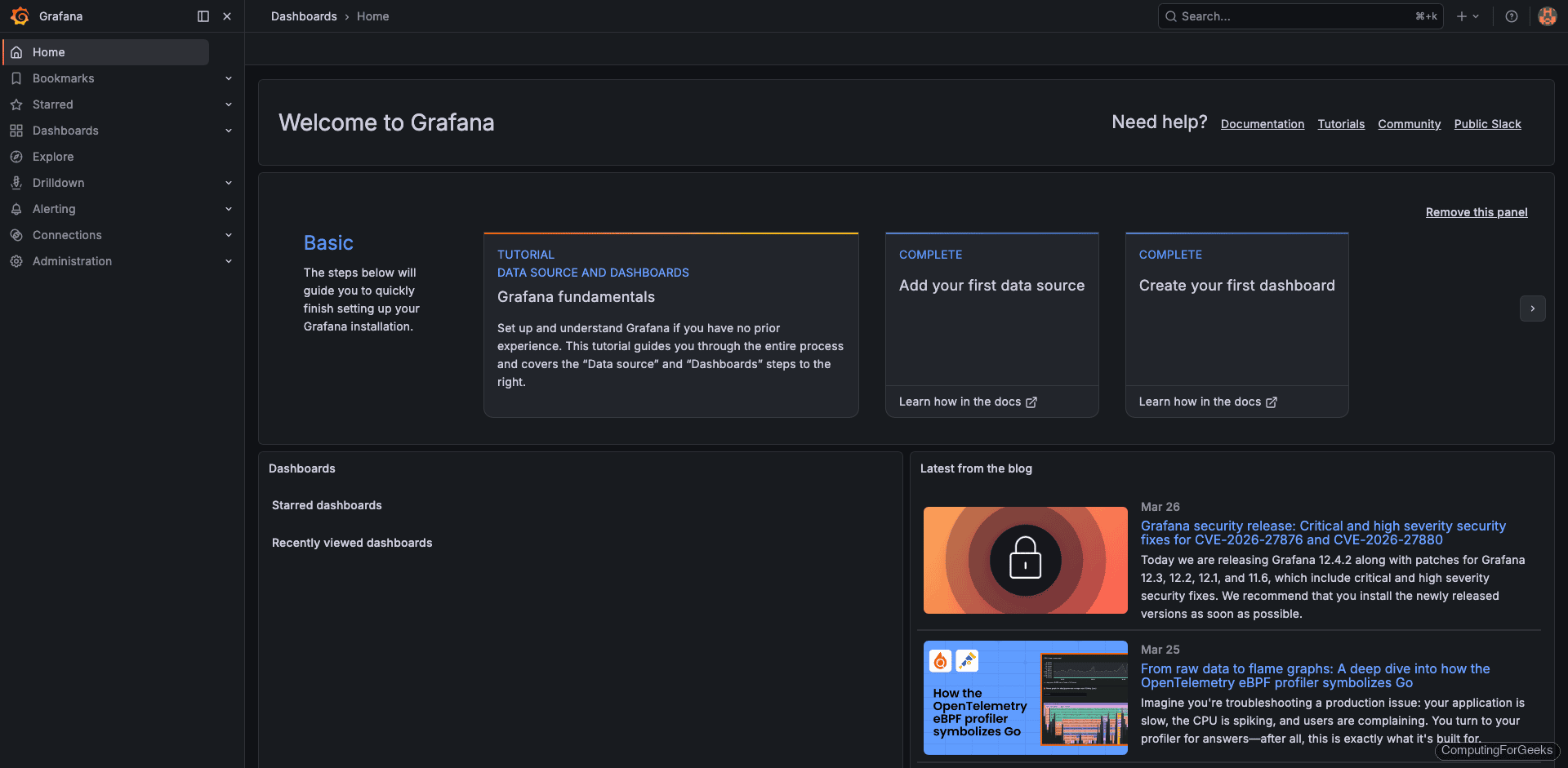 Grafana home dashboard after login on Kubernetes cluster