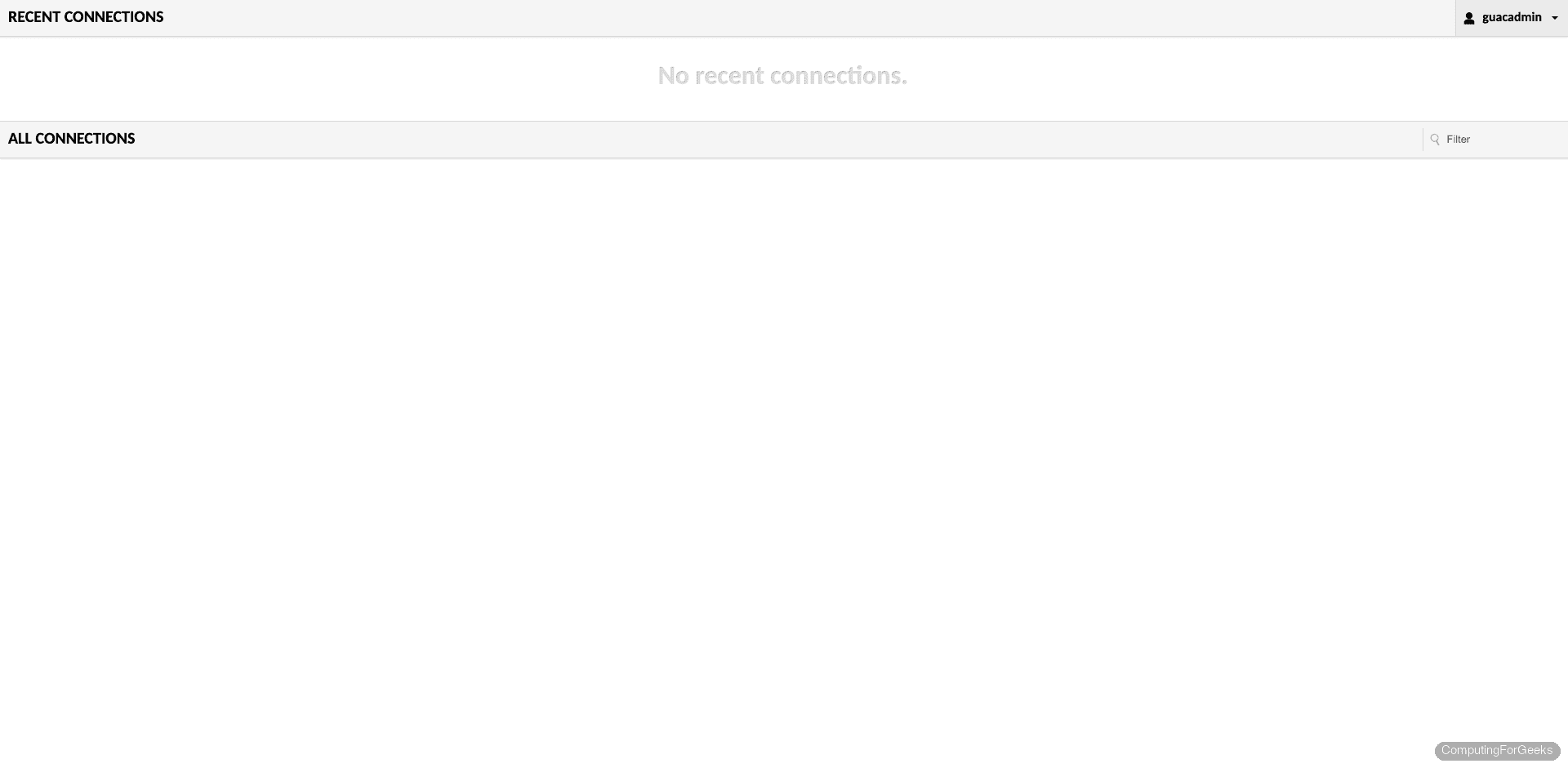 Apache Guacamole home page showing connections panel
