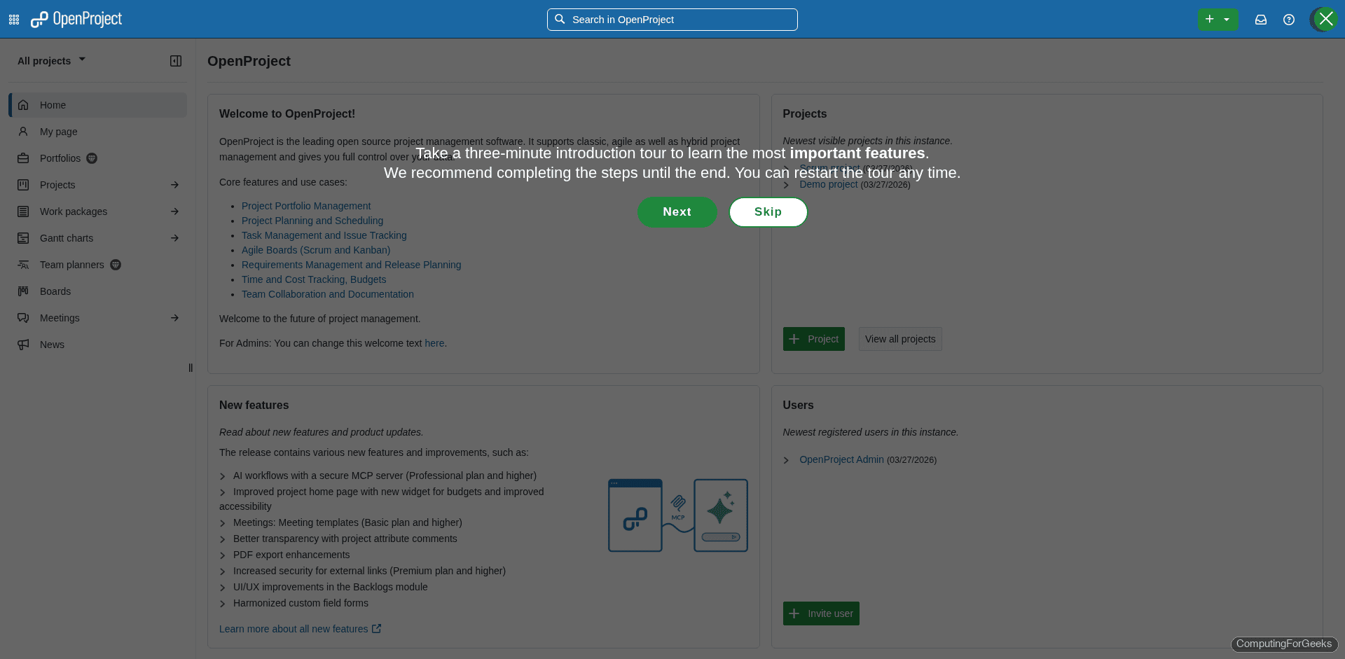 OpenProject home page showing the welcome tour, feature links, and sidebar navigation