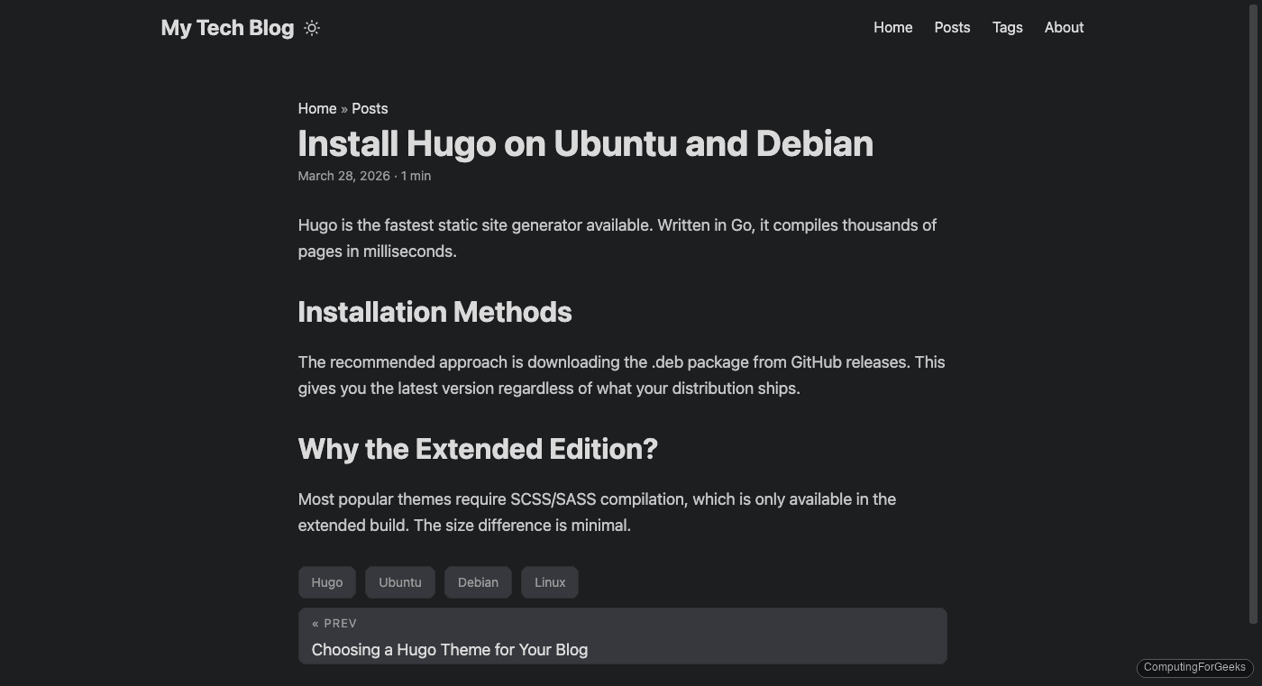 Hugo blog post rendered with PaperMod theme showing article content and tags