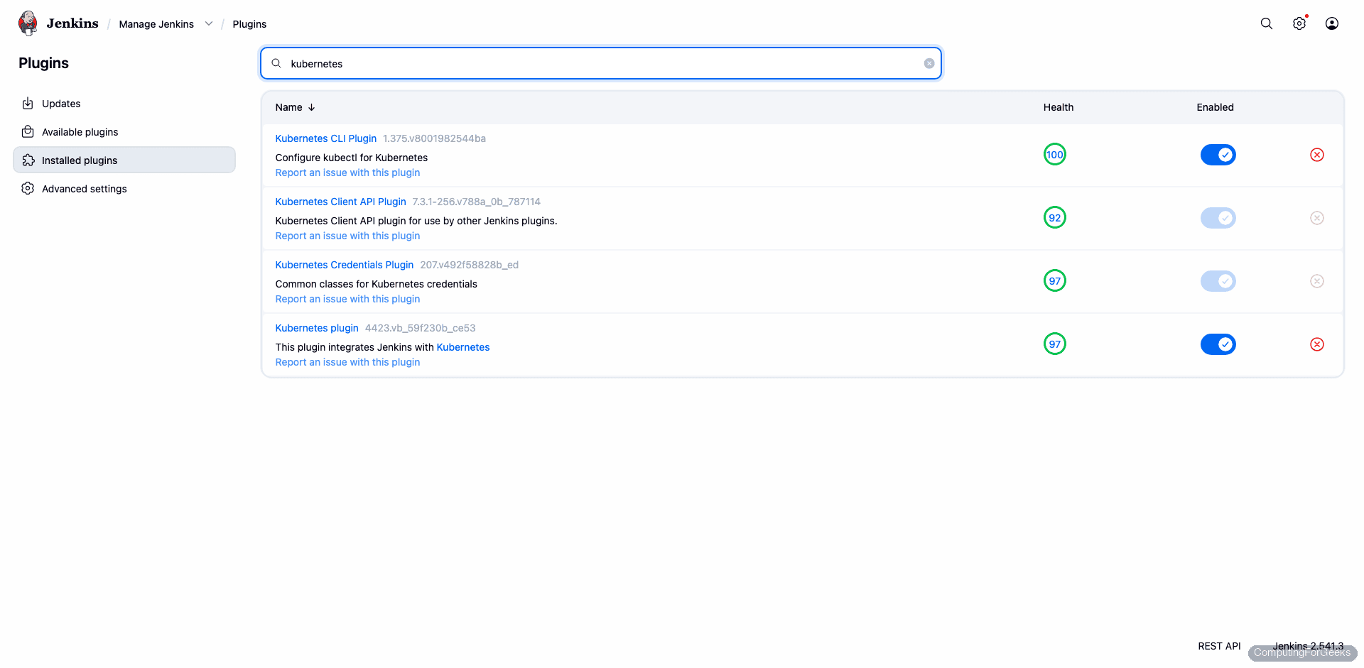 Jenkins installed plugins showing Kubernetes, Kubernetes CLI, Kubernetes Credentials, and Kubernetes Client API