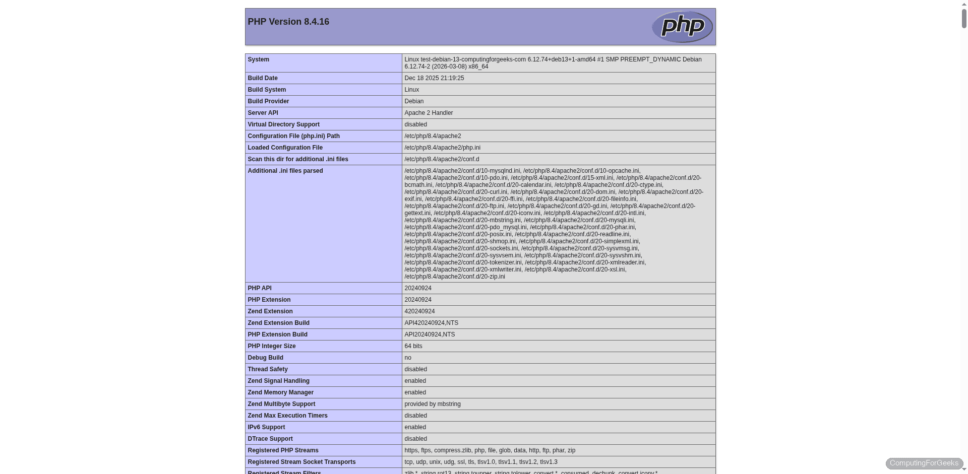 PHP 8.4.16 phpinfo page on Debian 13 showing loaded modules and Apache handler