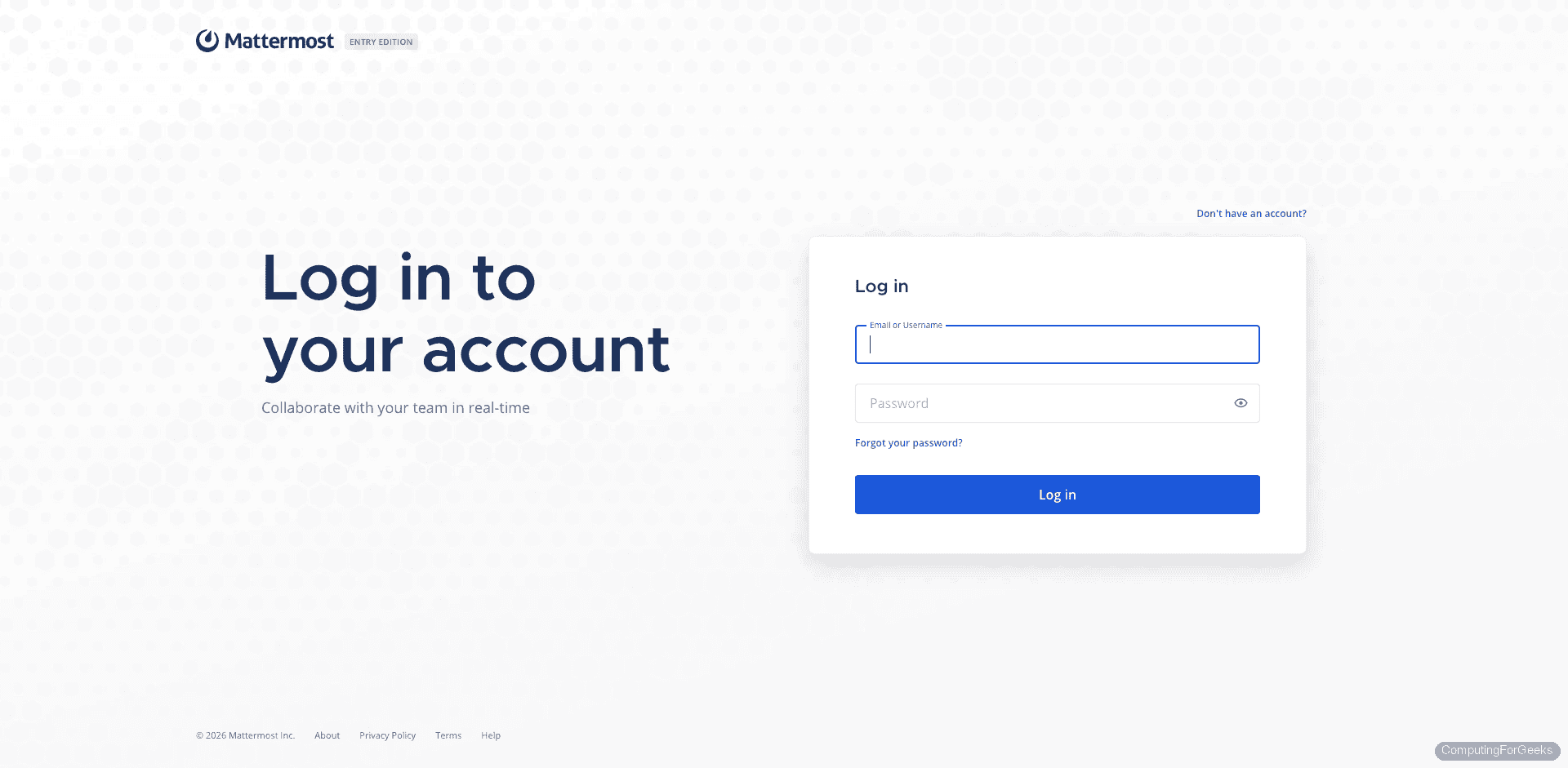 Mattermost login page with email and password fields