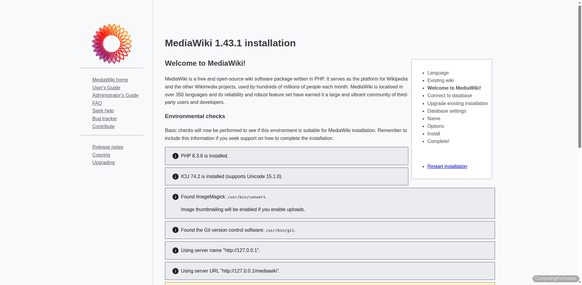 MediaWiki installer environment check showing all PHP requirements met on Ubuntu 24.04