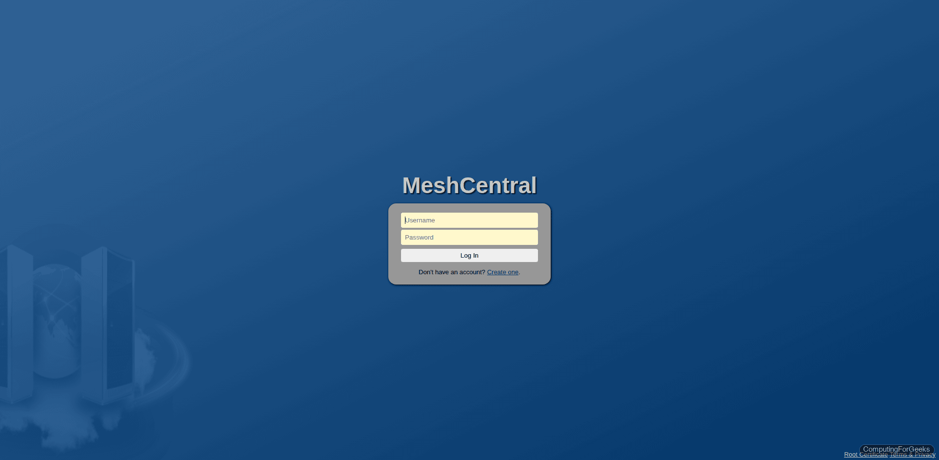 MeshCentral 1.1.58 web login page on Ubuntu 24.04 with HTTPS enabled