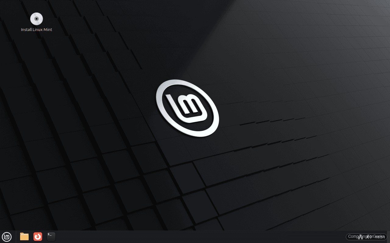 Linux Mint 22.3 live desktop with Install icon