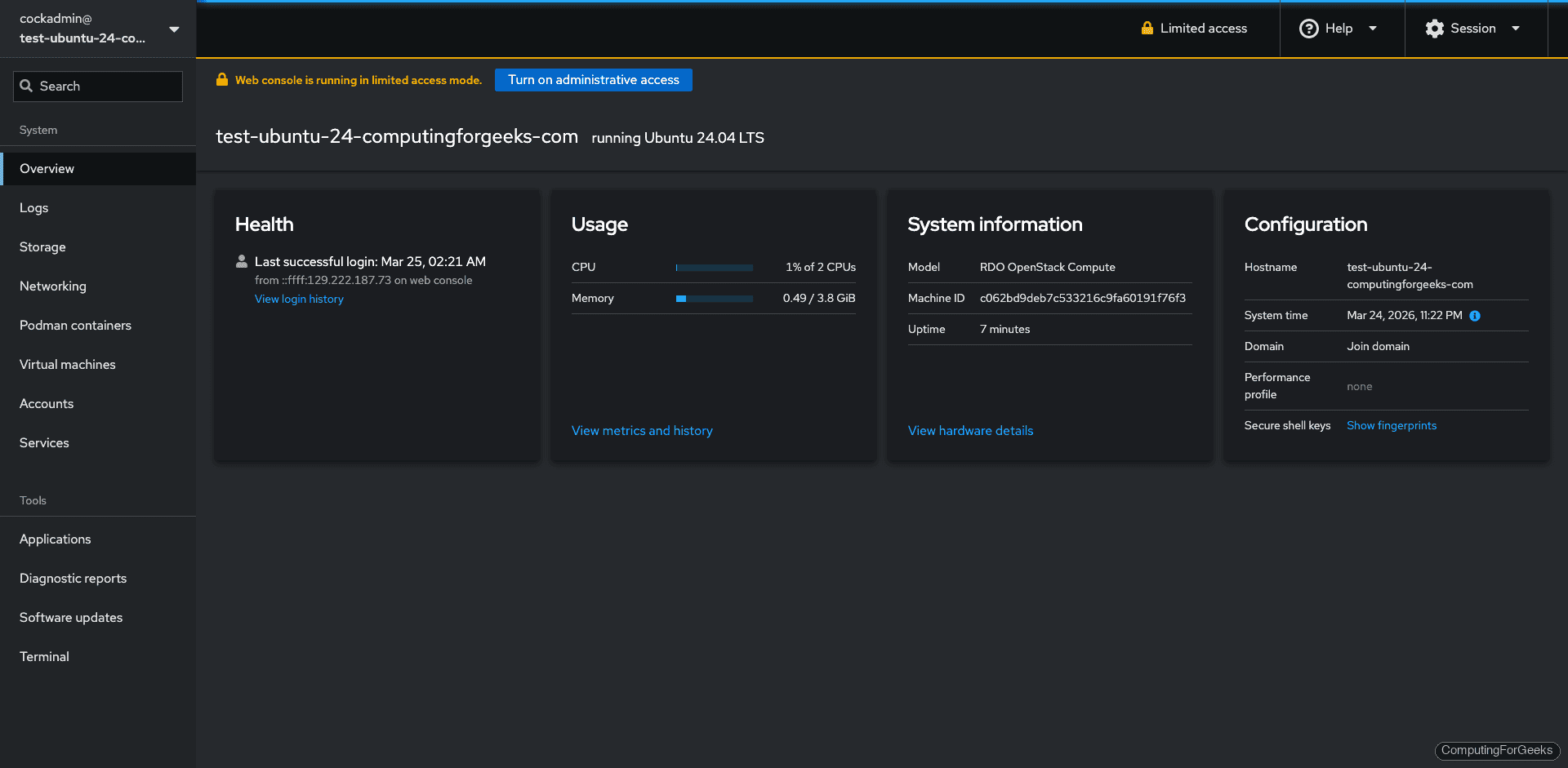 Cockpit system overview showing health, usage, and configuration on Ubuntu 24.04
