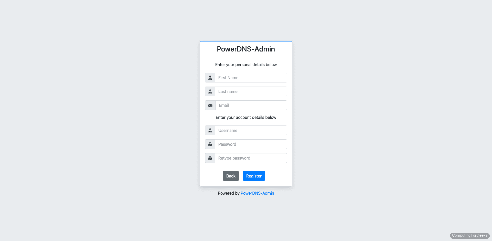 PowerDNS-Admin account registration form
