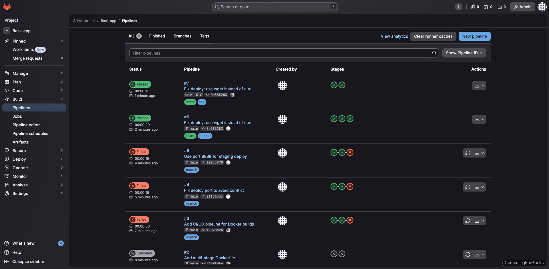 GitLab CI/CD pipelines list showing successful and failed pipeline runs