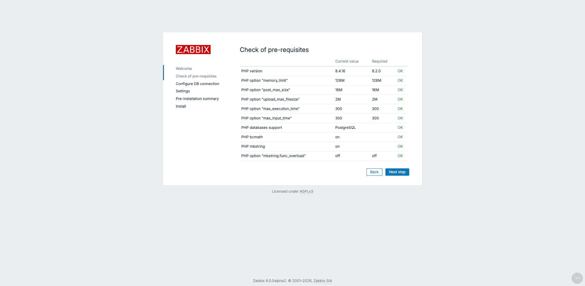 Zabbix 8.0 prerequisites check passed on Debian 13 with PHP 8.4