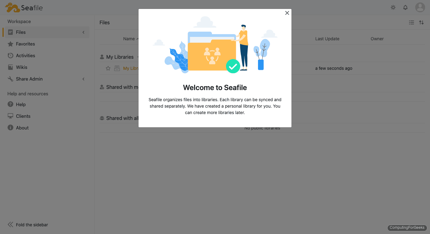 Install Seafile Server on Ubuntu 24.04 / 22.04 with Docker 2 Seafile 13 dashboard showing welcome screen with libraries and file management