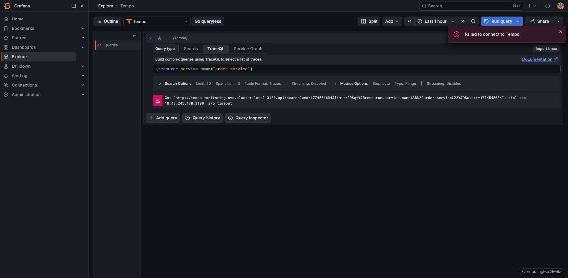 TraceQL query results showing order-service traces with process-order spans and durations