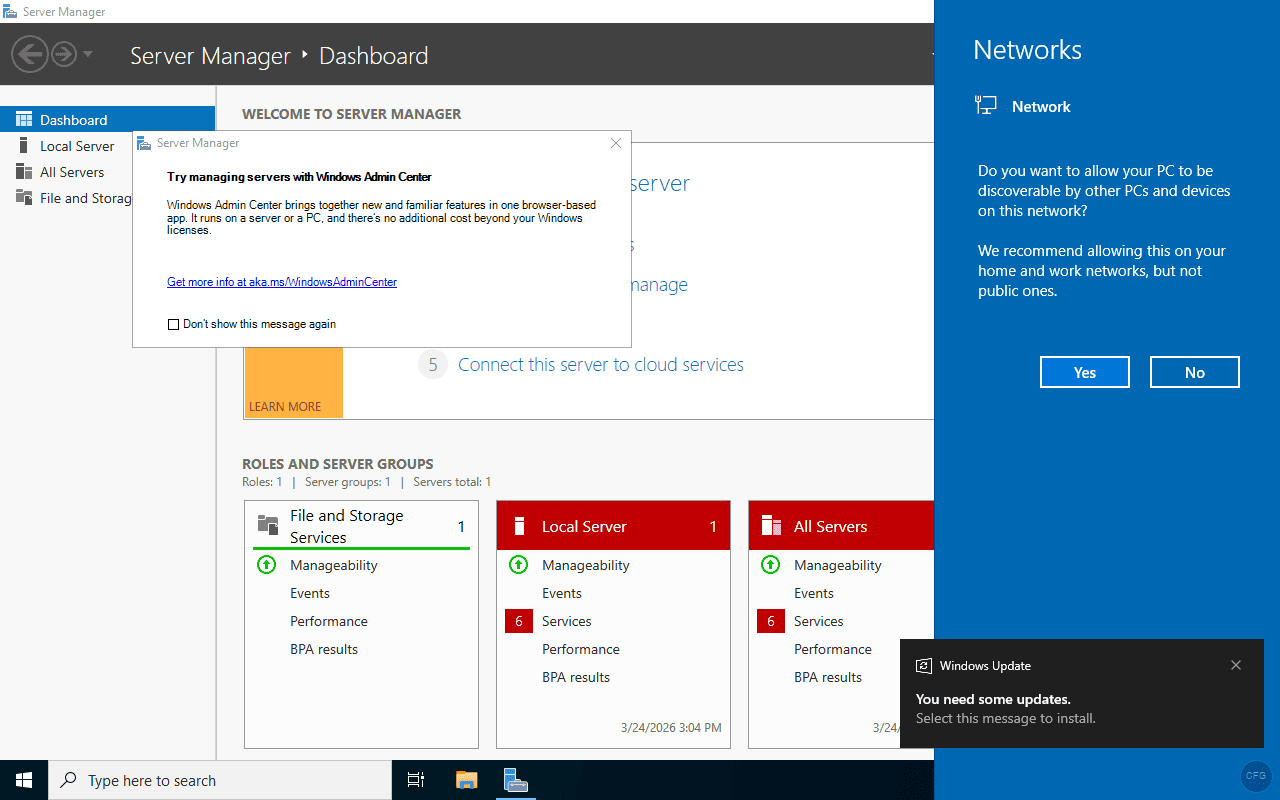 Windows Server 2022 Server Manager dashboard after installation on Proxmox VE