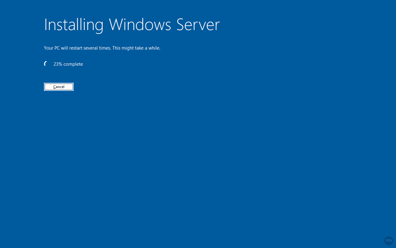 Windows Server 2025 installation progress at 23 percent on Proxmox VM
