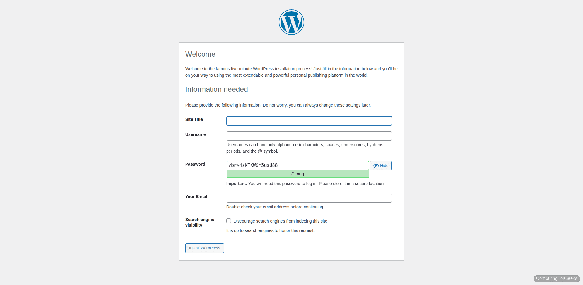 Install WordPress with Nginx on Ubuntu 24.04 / Debian 13 1 WordPress installation wizard on Nginx showing site title, admin username, and password fields