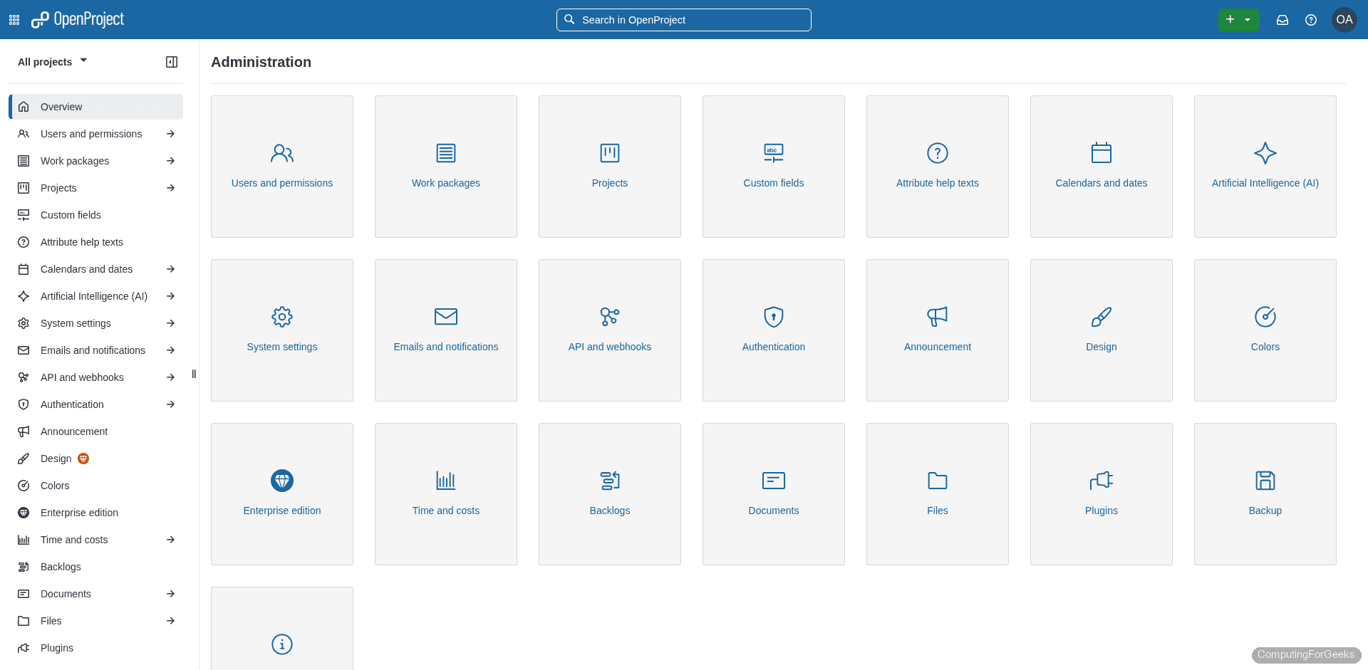OpenProject administration panel showing settings tiles for Users, Work Packages, Projects, and Authentication