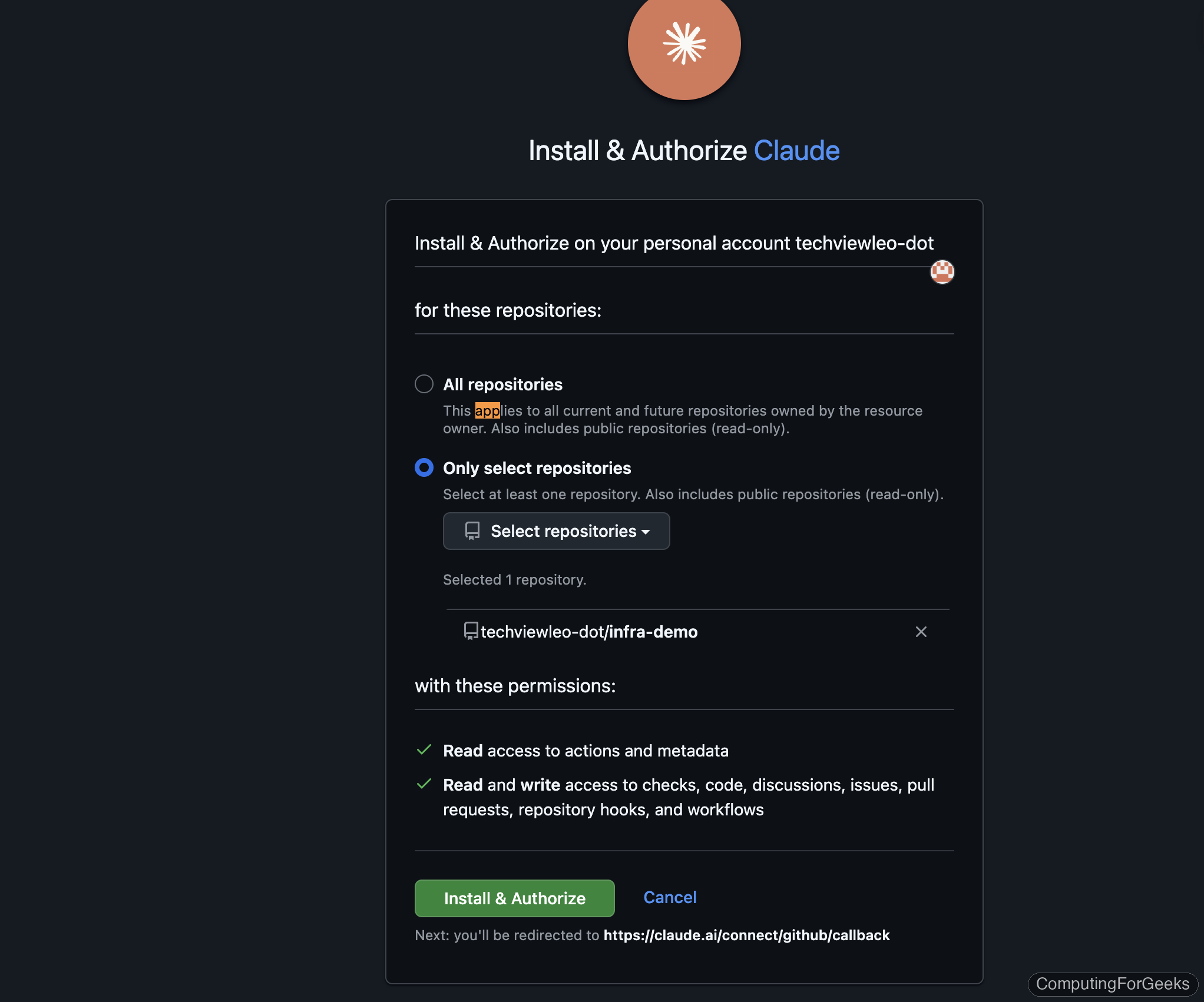 Claude GitHub App Install and Authorize dialog showing repository selection for techviewleo-dot/infra-demo
